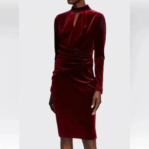 RICKIE FREEMAN FOR TERI JON Mock-Neck Long-Sleeve Stretch Velvet Dress Bead Trim